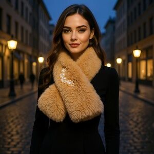 B020 Luxury Pearl Embellished Faux Fur Scarf Neck Warmer Chic Soft Plush stole